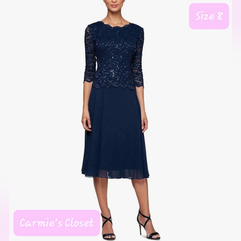 🔥NWT🔥OBO🔥 🔵 Alex Evenings Women's Tea Length Embroidered Bodice Mock Dress 8